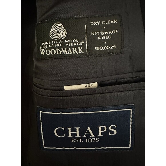 CHAPS Mens Solid Black 100% WOOL Two Button Sport Coat Suit Jacket Blazer 46 R - Picture 2 of 6